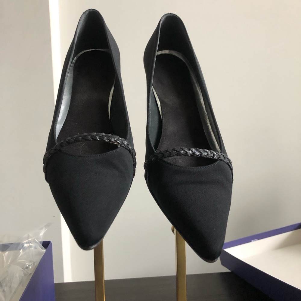 VTG Stuart Weitzman Black Braided Strap Cone Heel Pointed Toe Womens Pumps Sz 7